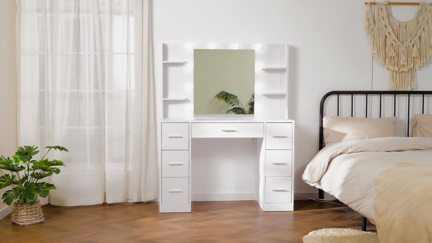 Luxus XXL-Schminktisch | LED-Beleuchtung & Integrierte Steckdose | 7 Schubladen, 4 Regale & 5 Haken | Maximale Organisation für Schlafzimmer & Bad