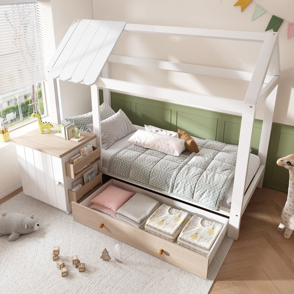 Kinderbett im Blockhaus-Design | 90x200 cm | Nachttisch Schublade | Modernes Hausbett