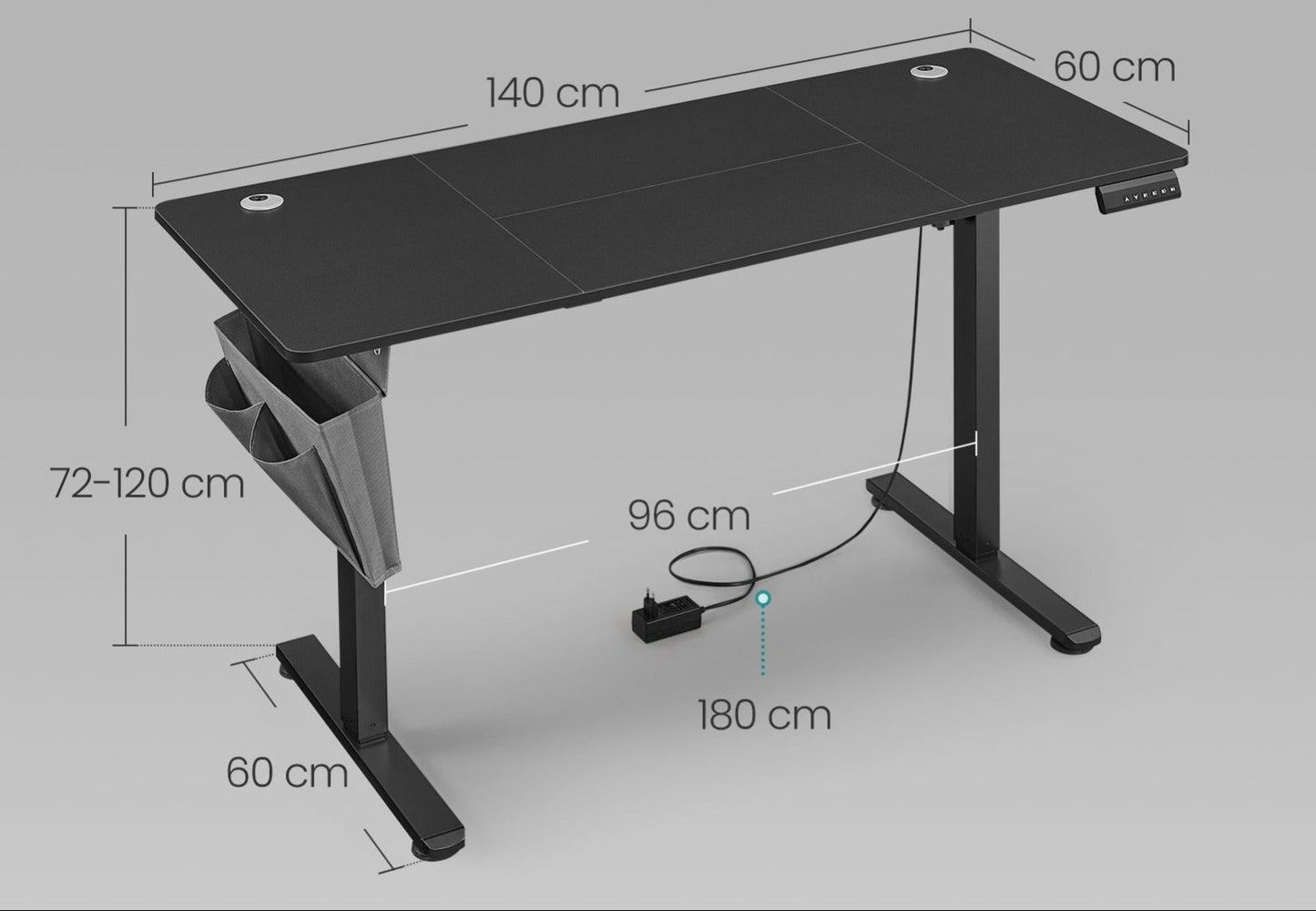 Ergonomischer Elektro-Schreibtisch | 60 x 140 cm | Höhenverstellbar (72–120 cm) | Memory-Funktion für 4 Höhen | Ideal für Home-Office & Studium