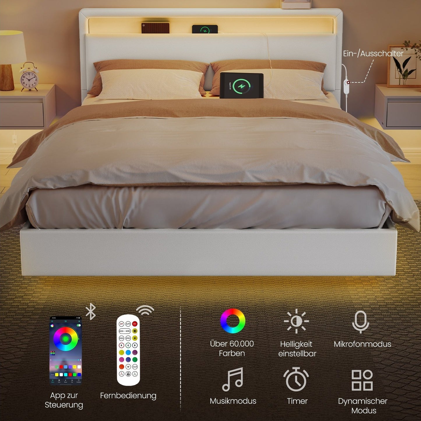 Design-Polsterbett 140x200 cm | Schwebendes Design mit LED-Ambiente | Hohes Kopfteil mit Ladestation