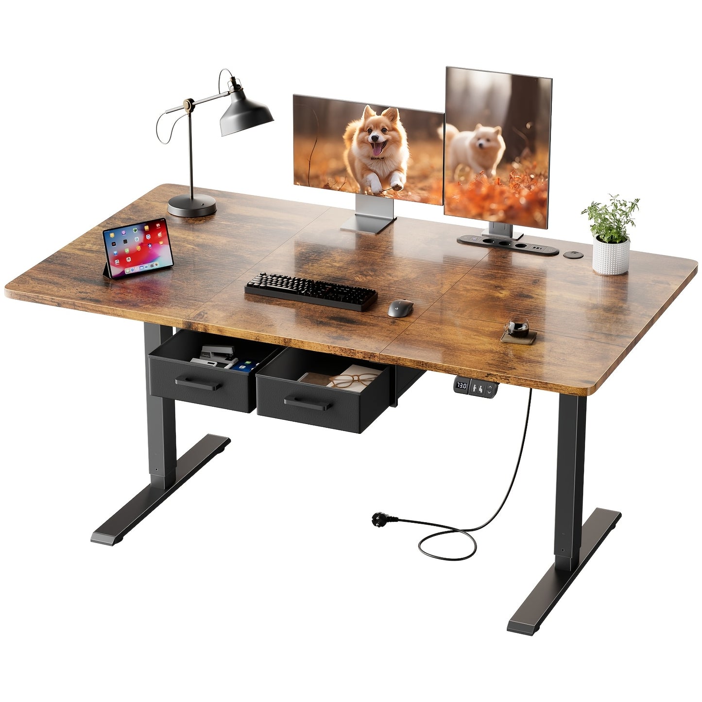 Elektrisch höhenverstellbarer Schreibtisch | Integrierte Steckdosen & USB-Ports | 2 Stoff-Schubladen | Modernes Design für Home-Office & Business