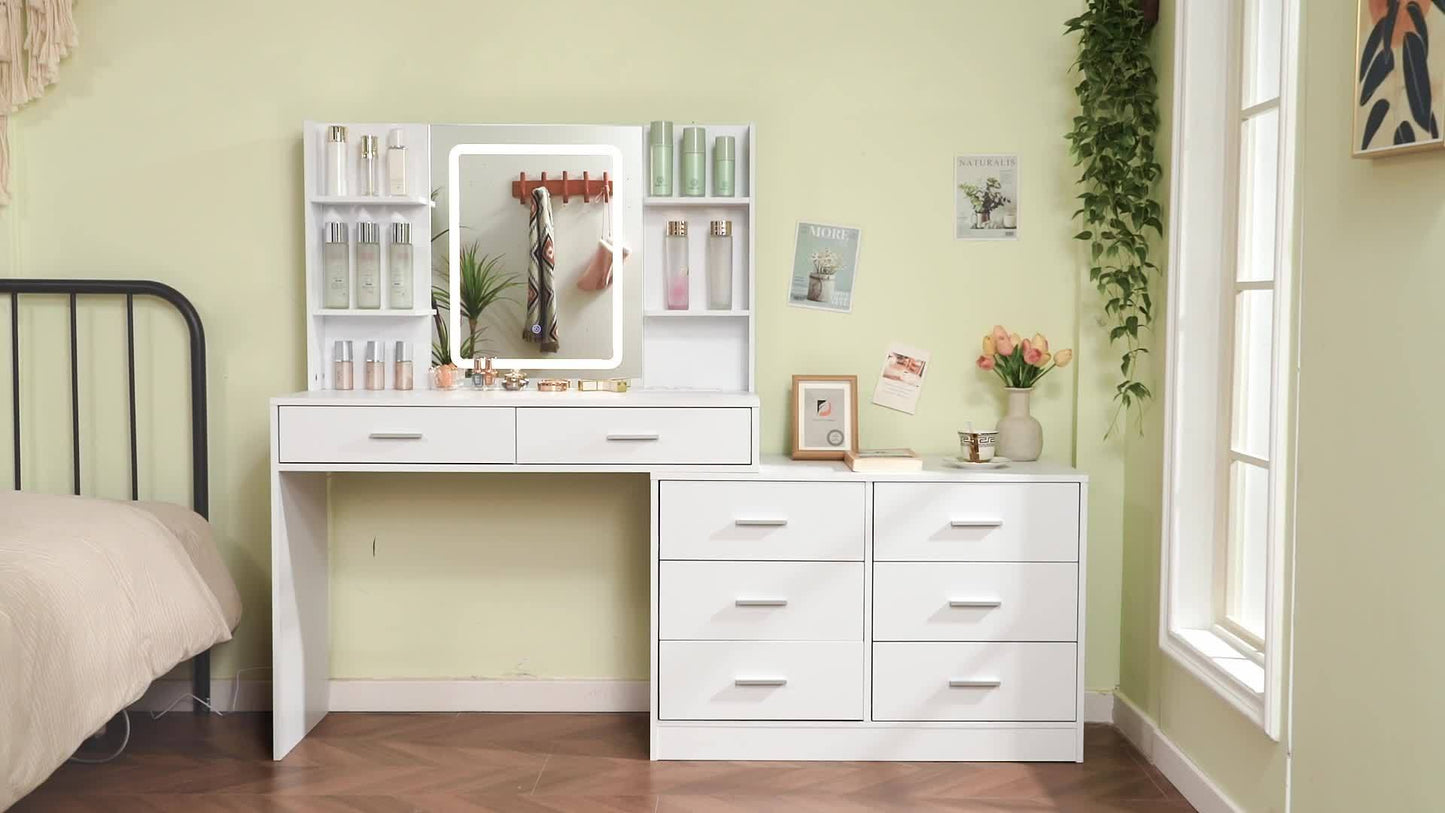 Luxus Eck-Schminktisch Weiß | LED-Spiegel mit Touch-Steuerung | Integrierte Steckdosen & USB | 8 Schubladen | Das ideale Weihnachtsgeschenk