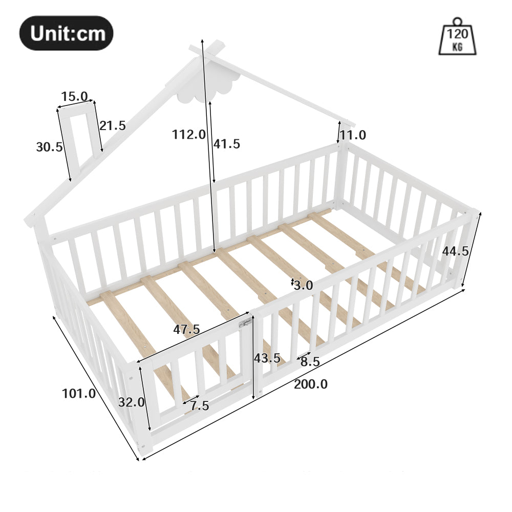 Kinder-Hausbett 90x190 cm | Bodennahes Design mit Rausfallschutz & Tür | Weiß | Modernes Montessori-Bett