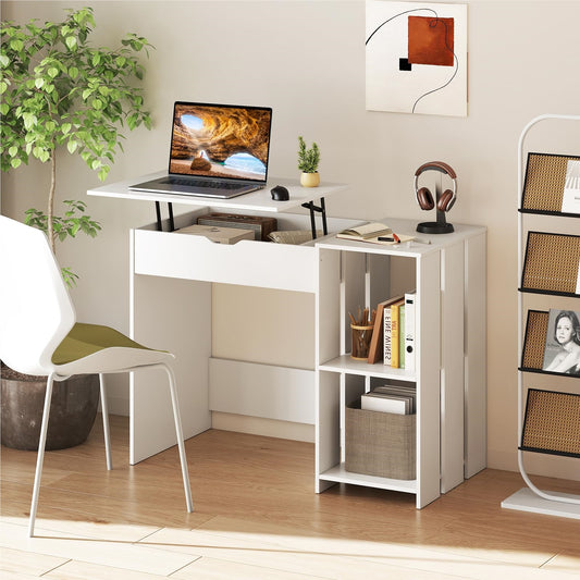 Moderner Eckschreibtisch in Weiß | Kompakter L-Form Arbeitstisch | Integrierte Staufächer & Kabelmanagement | Home-Office & Studium