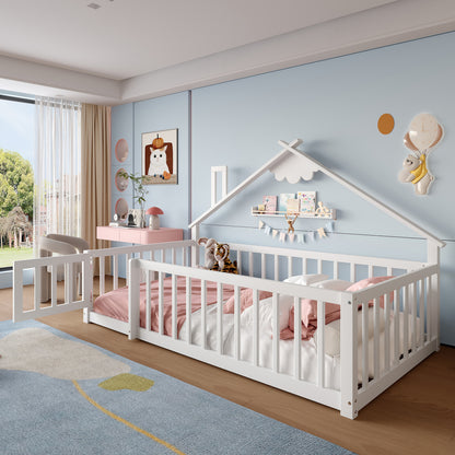 Kinder-Hausbett 90x190 cm | Bodennahes Design mit Rausfallschutz & Tür | Weiß | Modernes Montessori-Bett