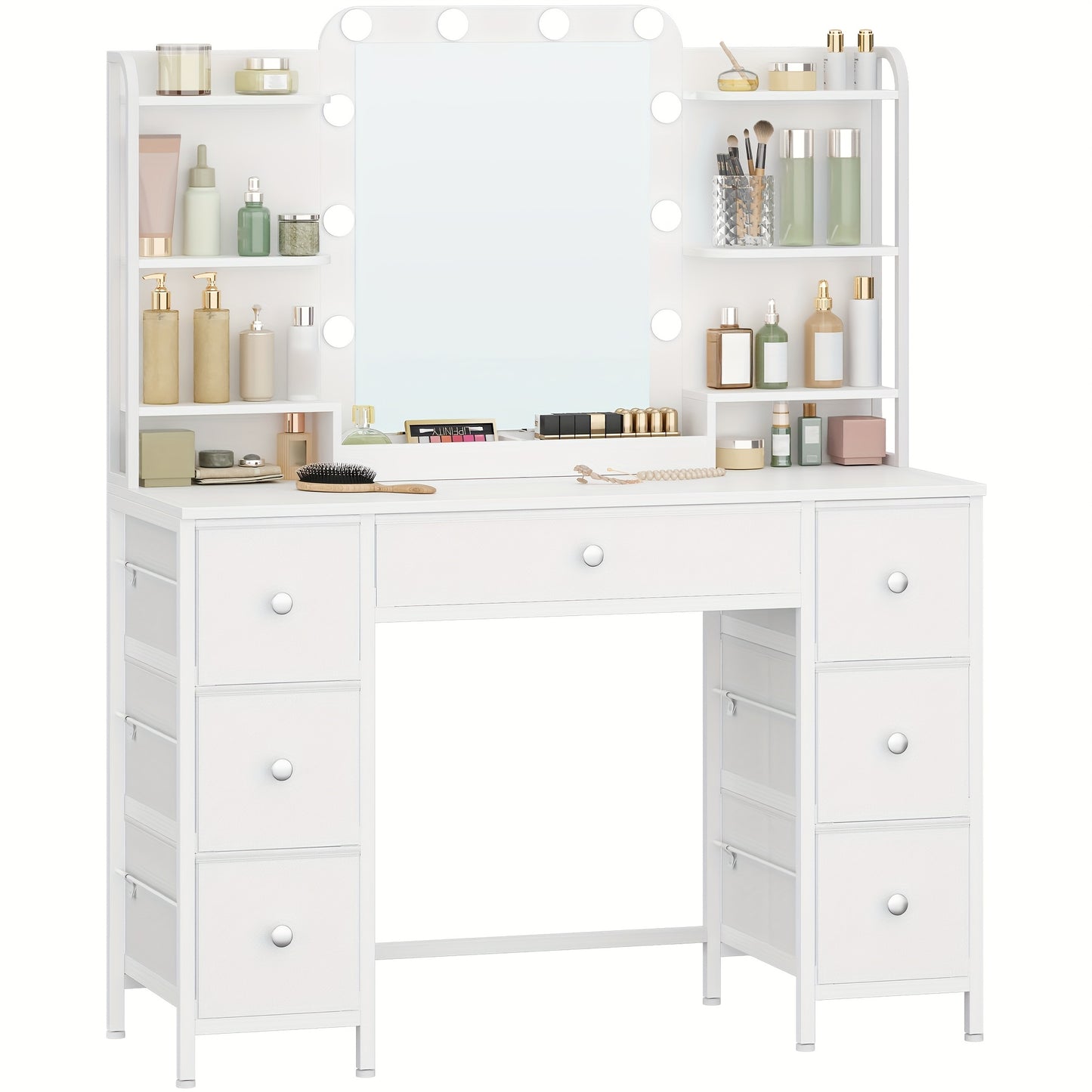 Design-Schminktisch Weiß | Robustes Eisen-Gestell & Stoff-Schubladen | LED-Beleuchtung | Großer HD-Spiegel | 7 Schubladen & 6 Regalfächer