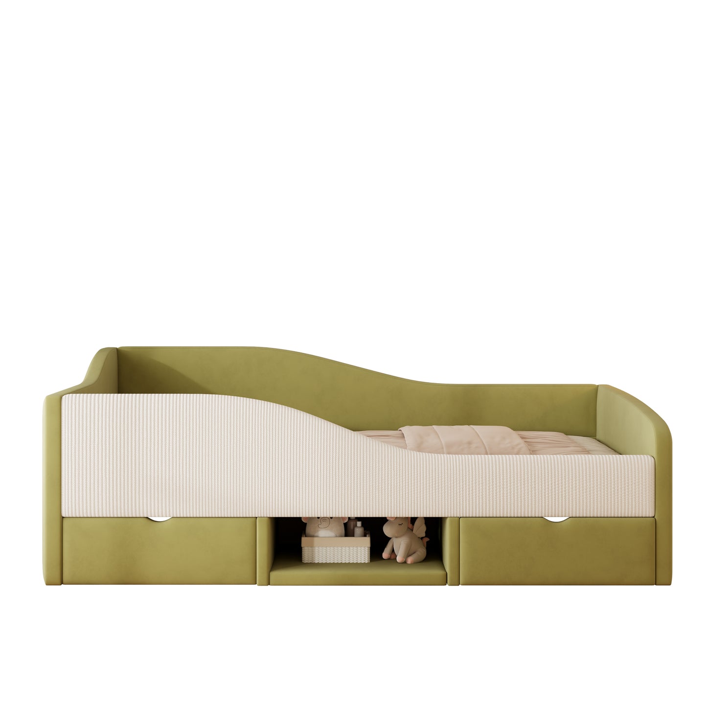 Multifunktionales Kinder- & Polsterbett 90x190 cm | Weicher Samtbezug | 2 Schubladen & Rausfallschutz | Dunkelgrün + Cremeweiß