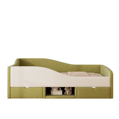 Multifunktionales Kinder- & Polsterbett 90x190 cm | Weicher Samtbezug | 2 Schubladen & Rausfallschutz | Dunkelgrün + Cremeweiß