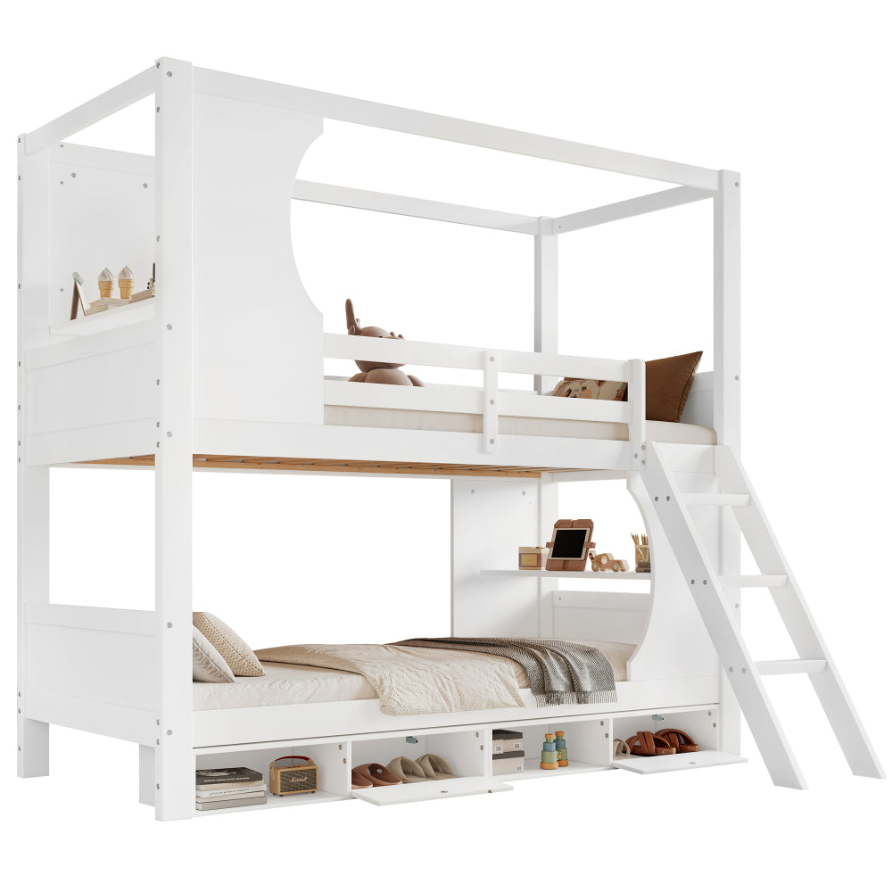 All-in-One Loftbett 90x200 cm | Integrierter Schreibtisch & 4-Fach Schuhschrank | Schräge Stauraum-Treppe | Cream-Style Design | Ideal für kleine Apartments