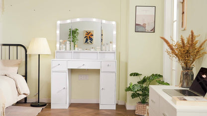 Exklusiver Schminktisch in Weiß | 3-teiliger Faltspiegel | 3 Schubladen & 2 Schränke | Modernes Design für Ihr Schlafzimmer