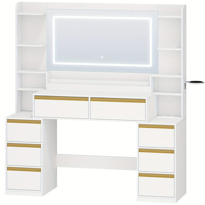 Moderner Schminktisch in Weiß | Großer Spiegel & 8 Schubladen | Inkl. Föhnhalter & Schmuck-Organizer | 135 X 145,2 cm