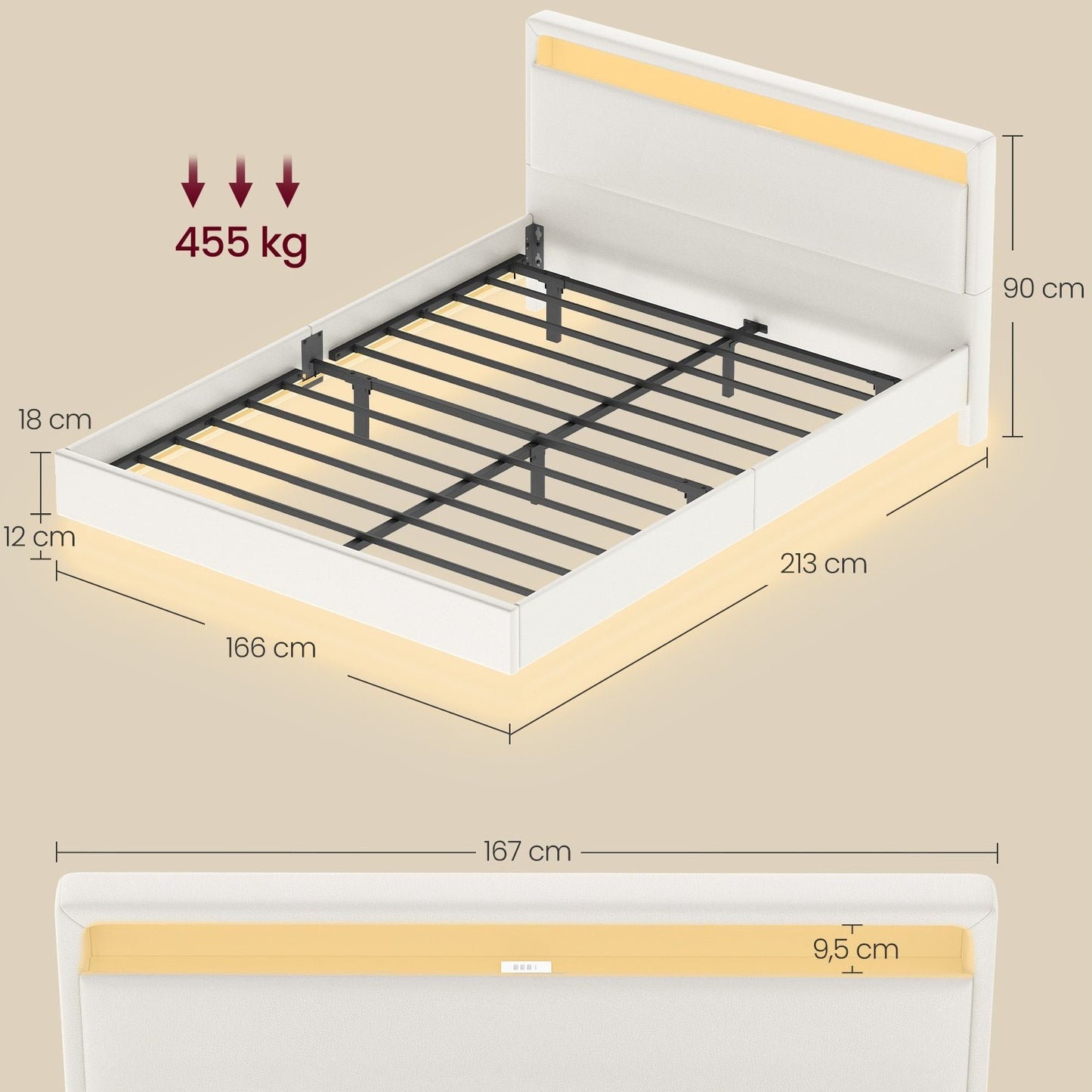 Design-Polsterbett 140x200 cm | Schwebendes Design mit LED-Ambiente | Hohes Kopfteil mit Ladestation