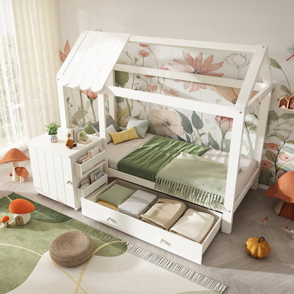 Kinderbett im Blockhaus-Design | 90x200 cm | Nachttisch Schublade | Modernes Hausbett