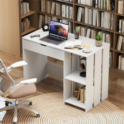 Moderner Eckschreibtisch in Weiß | Kompakter L-Form Arbeitstisch | Integrierte Staufächer & Kabelmanagement | Home-Office & Studium