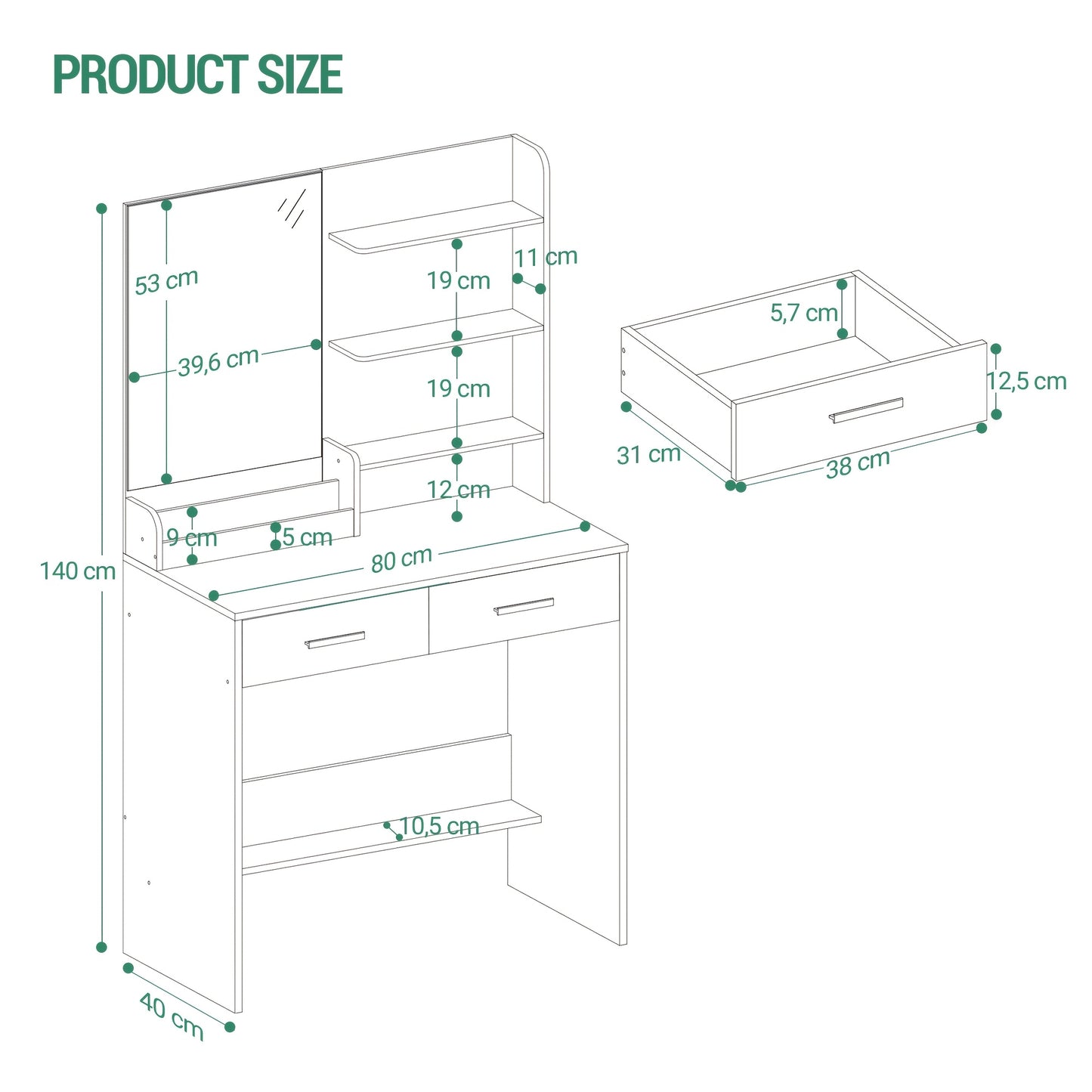 Moderner Schminktisch in Weiß | Kompakte Vanity Unit mit Spiegel | 4 offene Regale & 2 Schubladen | Elegantes Design für Schlaf- & Wohnzimmer