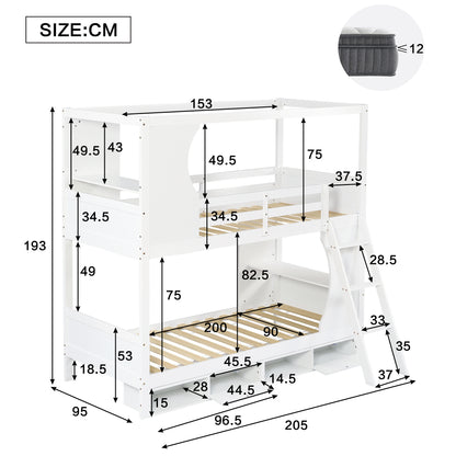 All-in-One Loftbett 90x200 cm | Integrierter Schreibtisch & 4-Fach Schuhschrank | Schräge Stauraum-Treppe | Cream-Style Design | Ideal für kleine Apartments