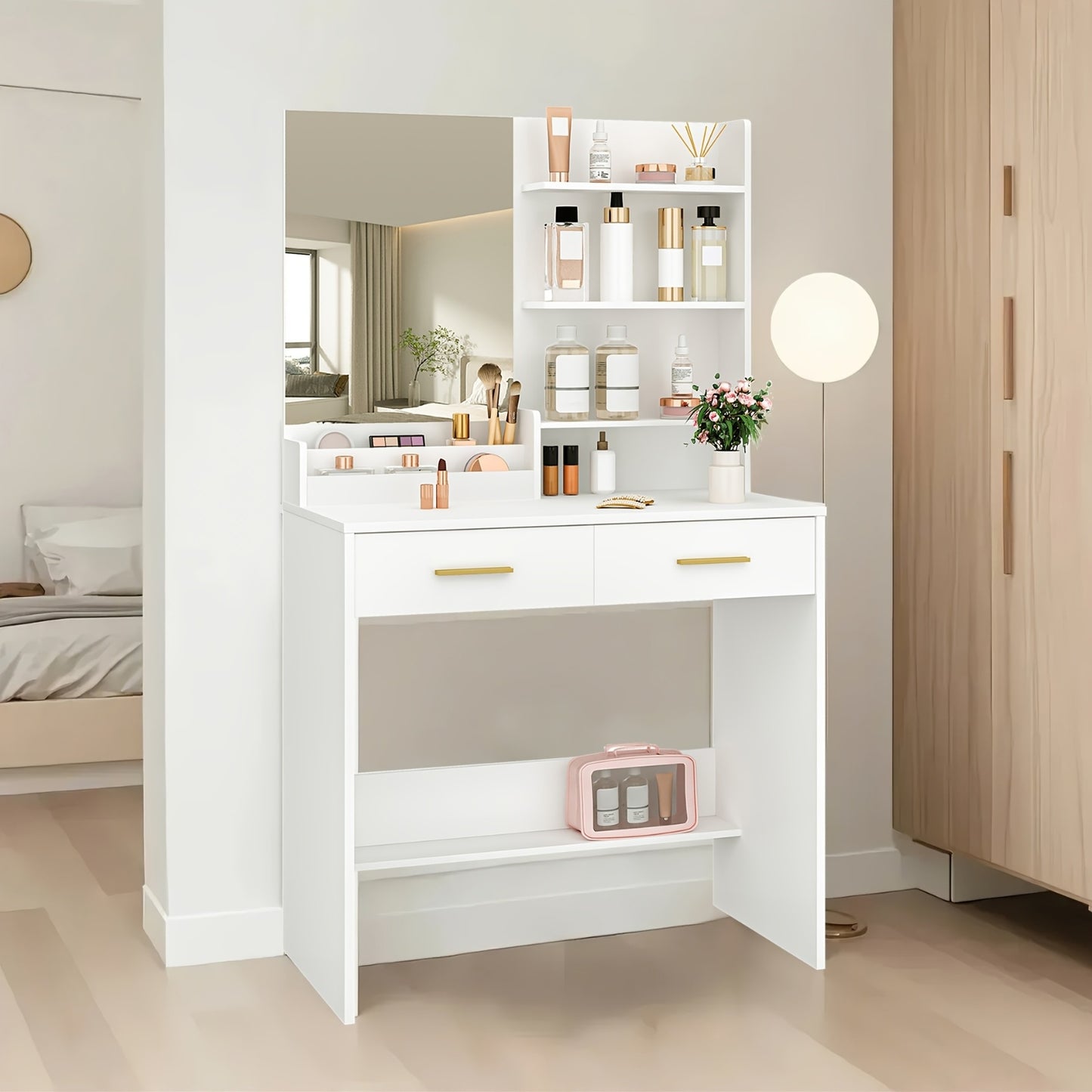 Moderner Schminktisch in Weiß | Kompakte Vanity Unit mit Spiegel | 4 offene Regale & 2 Schubladen | Elegantes Design für Schlaf- & Wohnzimmer