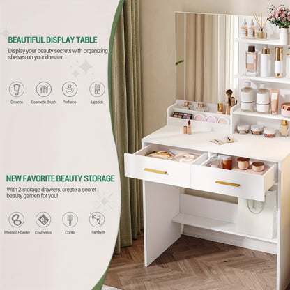 Moderner Schminktisch in Weiß | Kompakte Vanity Unit mit Spiegel | 4 offene Regale & 2 Schubladen | Elegantes Design für Schlaf- & Wohnzimmer