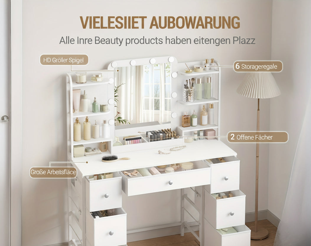 Design-Schminktisch Weiß | Robustes Eisen-Gestell & Stoff-Schubladen | LED-Beleuchtung | Großer HD-Spiegel | 7 Schubladen & 6 Regalfächer