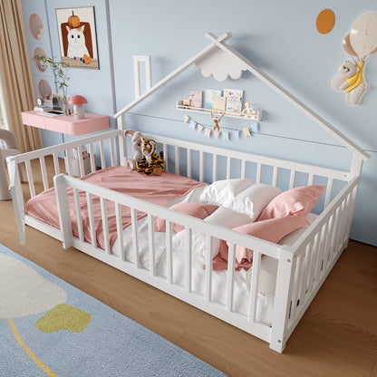 Kinder-Hausbett 90x190 cm | Bodennahes Design mit Rausfallschutz & Tür | Weiß | Modernes Montessori-Bett