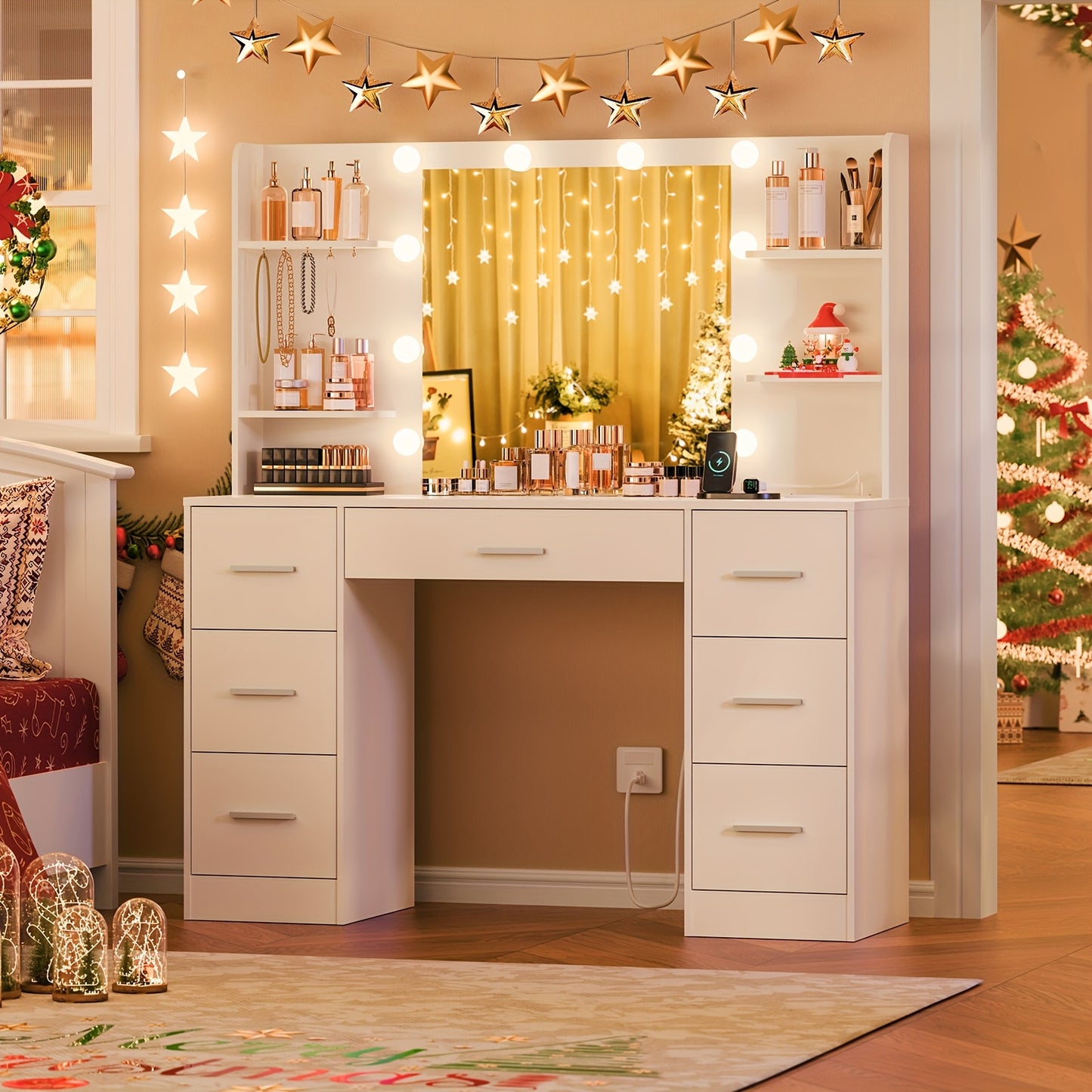 Luxus XXL-Schminktisch | LED-Beleuchtung & Integrierte Steckdose | 7 Schubladen, 4 Regale & 5 Haken | Maximale Organisation für Schlafzimmer & Bad