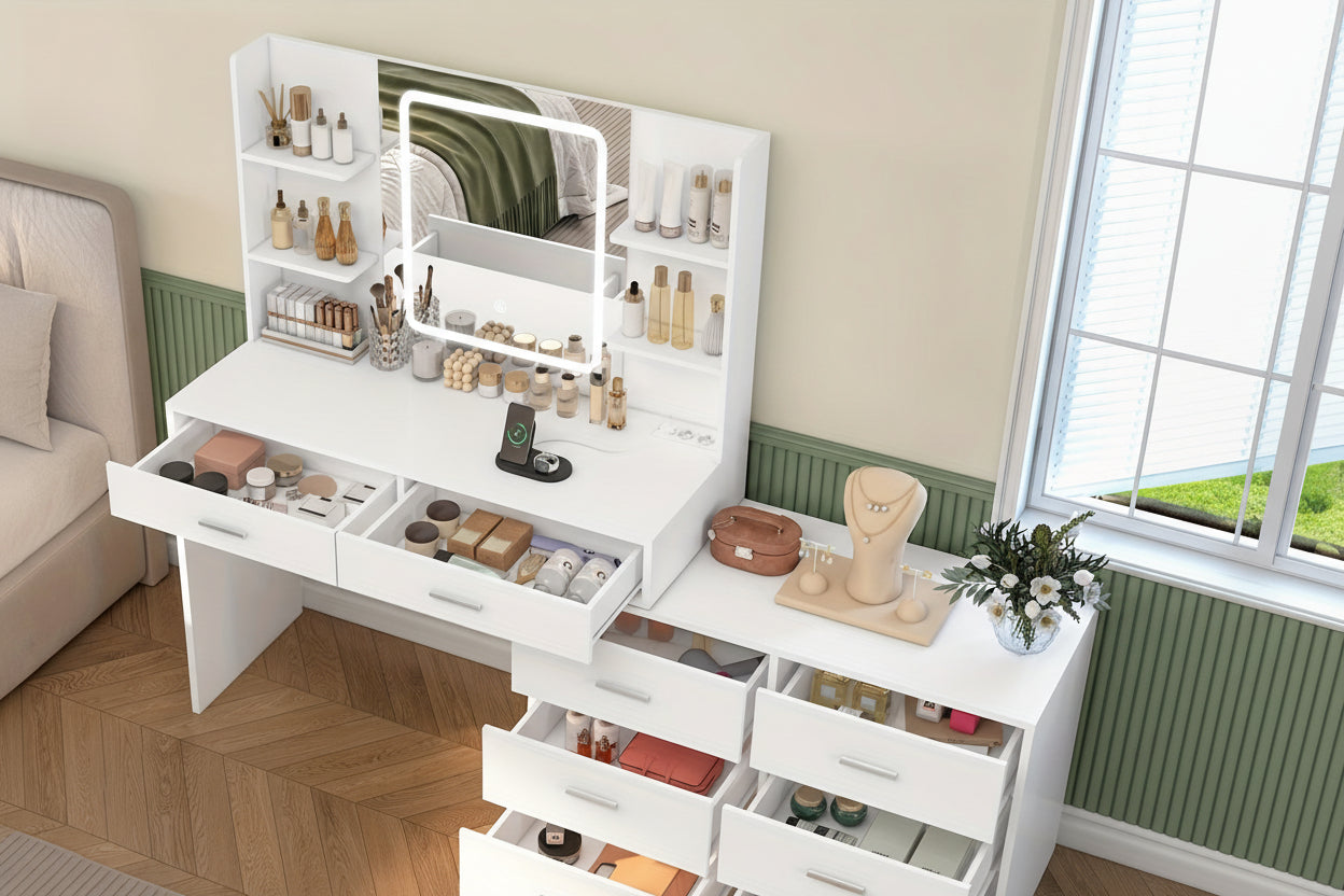 Luxus Eck-Schminktisch Weiß | LED-Spiegel mit Touch-Steuerung | Integrierte Steckdosen & USB | 8 Schubladen | Das ideale Weihnachtsgeschenk
