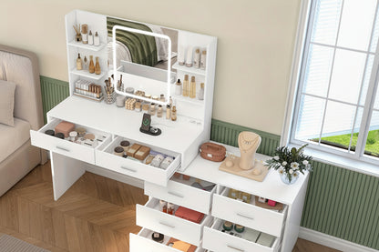 Luxus Eck-Schminktisch Weiß | LED-Spiegel mit Touch-Steuerung | Integrierte Steckdosen & USB | 8 Schubladen | Das ideale Weihnachtsgeschenk