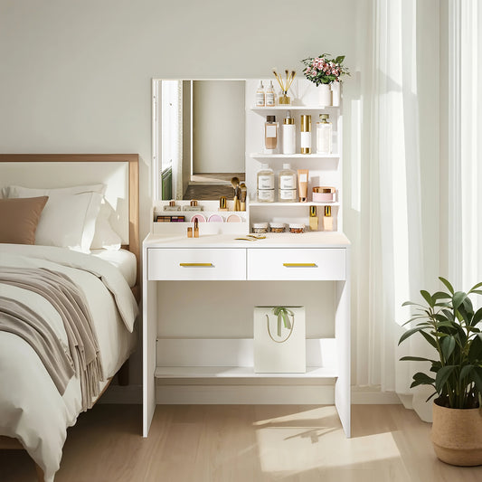 Moderner Schminktisch in Weiß | Kompakte Vanity Unit mit Spiegel | 4 offene Regale & 2 Schubladen | Elegantes Design für Schlaf- & Wohnzimmer
