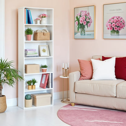 Skandinavisches Standregal mit 6 Ebenen | Schlankes Bücherregal |  Weiß & Naturholz-Optik | 24 X 60 X 178.5 cm