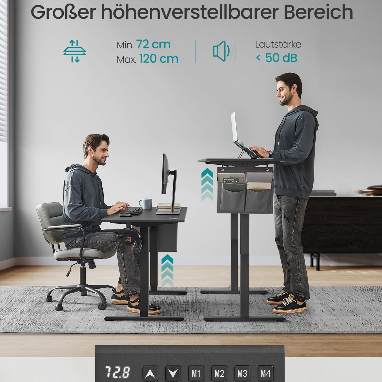Ergonomischer Elektro-Schreibtisch | 60 x 140 cm | Höhenverstellbar (72–120 cm) | Memory-Funktion für 4 Höhen | Ideal für Home-Office & Studium