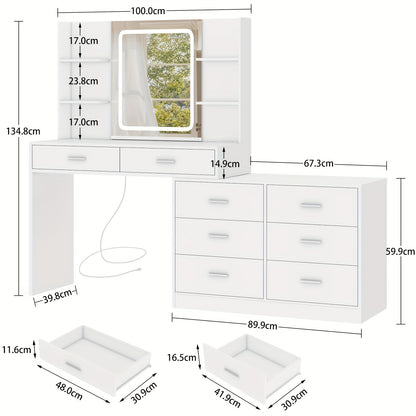 Luxus Eck-Schminktisch Weiß | LED-Spiegel mit Touch-Steuerung | Integrierte Steckdosen & USB | 8 Schubladen | Das ideale Weihnachtsgeschenk