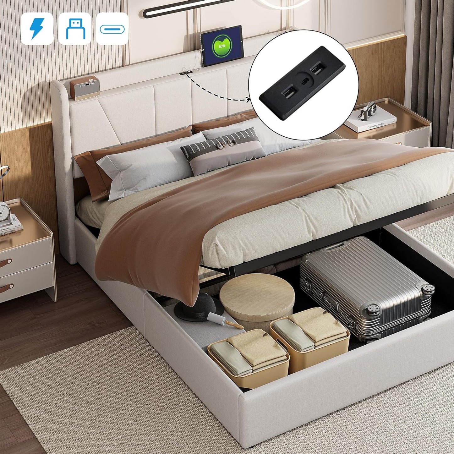 Design-Polsterbett mit USB & USB-C Ladestation | Hydraulik-Stauraum | Kopfteil mit Ablage | Leinen-Optik 160 X 200