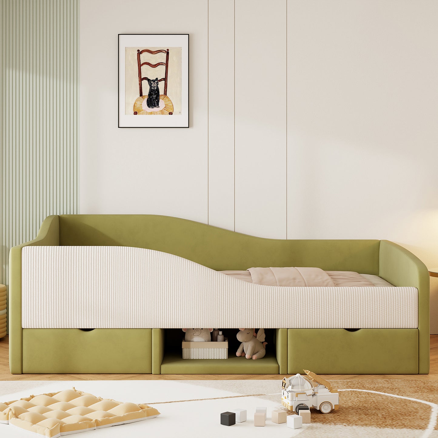 Multifunktionales Kinder- & Polsterbett 90x190 cm | Weicher Samtbezug | 2 Schubladen & Rausfallschutz | Dunkelgrün + Cremeweiß