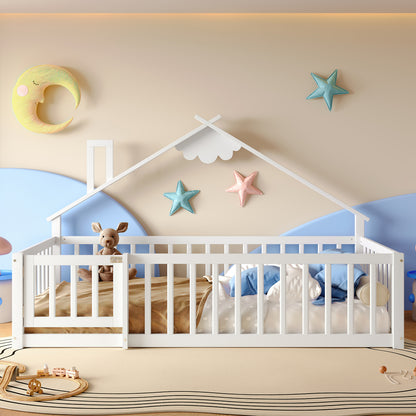 Kinder-Hausbett 90x190 cm | Bodennahes Design mit Rausfallschutz & Tür | Weiß | Modernes Montessori-Bett