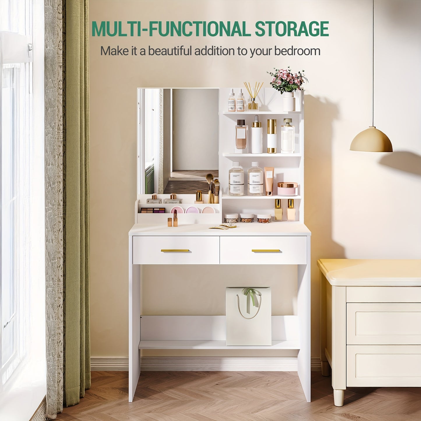 Moderner Schminktisch in Weiß | Kompakte Vanity Unit mit Spiegel | 4 offene Regale & 2 Schubladen | Elegantes Design für Schlaf- & Wohnzimmer