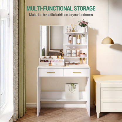 Moderner Schminktisch in Weiß | Kompakte Vanity Unit mit Spiegel | 4 offene Regale & 2 Schubladen | Elegantes Design für Schlaf- & Wohnzimmer
