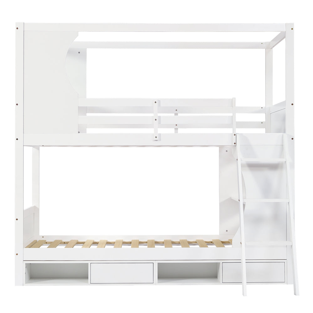 All-in-One Loftbett 90x200 cm | Integrierter Schreibtisch & 4-Fach Schuhschrank | Schräge Stauraum-Treppe | Cream-Style Design | Ideal für kleine Apartments