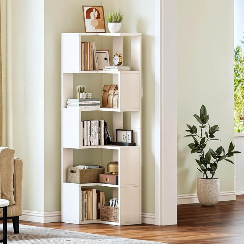 Eckregal mit 5 Ebenen | Platzsparendes Standregal | Modernes L-Design für Wohnzimmer, Schlafzimmer & Büro | Weiß