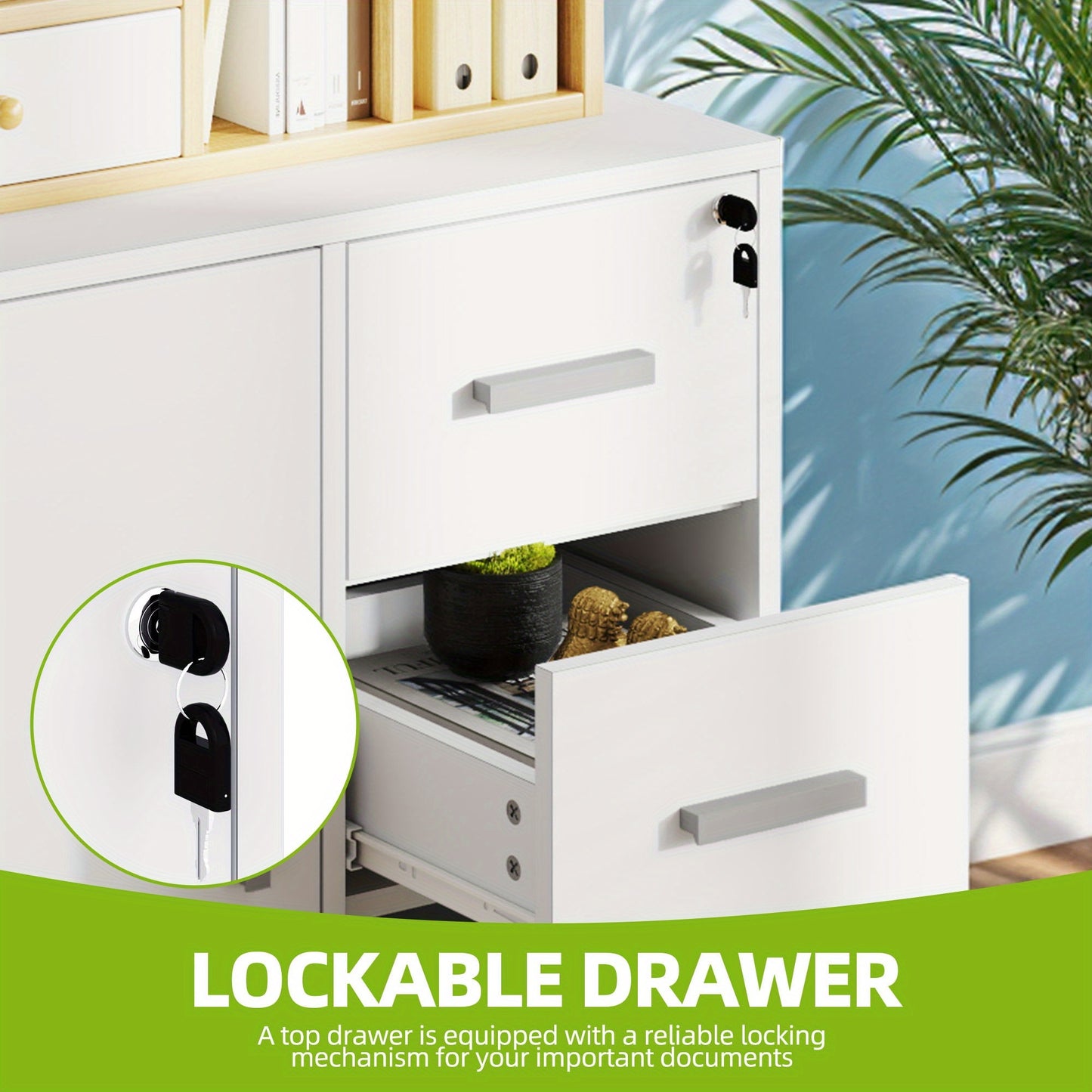 Mobiler Rollcontainer in Weiß | Abschließbarer Büroschrank (57 X 40cm) | 3 Schubladen & Druckablage | 4 leichtgängige Rollen | Minimalistischer Stil