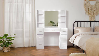 Luxus XXL-Schminktisch | LED-Beleuchtung & Integrierte Steckdose | 7 Schubladen, 4 Regale & 5 Haken | Maximale Organisation für Schlafzimmer & Bad