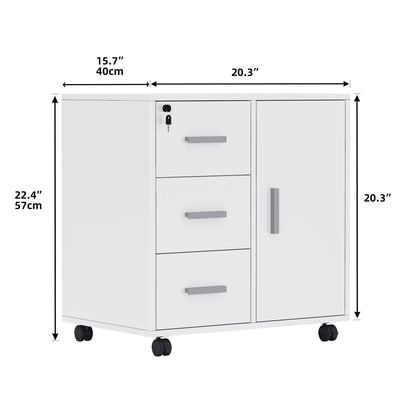 Mobiler Rollcontainer in Weiß | Abschließbarer Büroschrank (57 X 40cm) | 3 Schubladen & Druckablage | 4 leichtgängige Rollen | Minimalistischer Stil