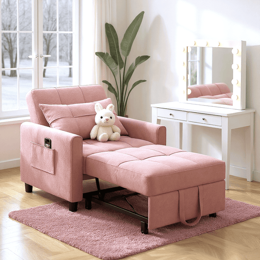 3-in-1 Schlafsofa & Schlafsessel | Klappbar mit Rollen | 3-stufig verstellbar | Rosa Leinen-Optik