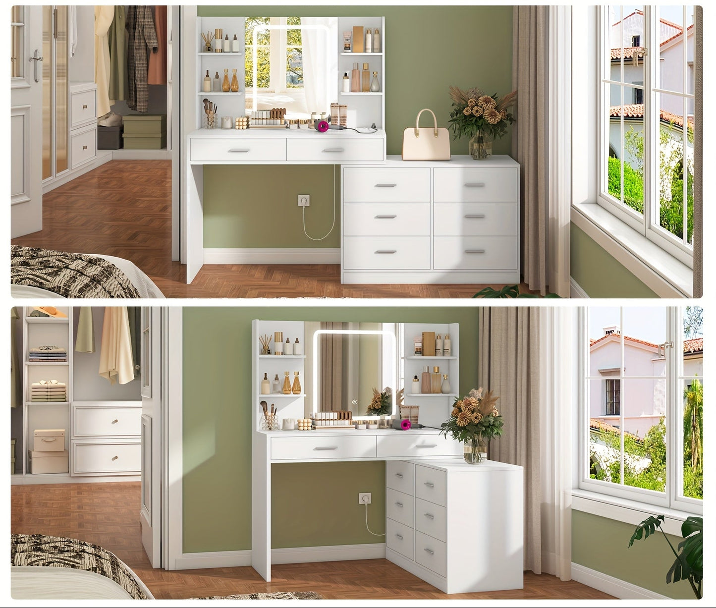Luxus Eck-Schminktisch Weiß | LED-Spiegel mit Touch-Steuerung | Integrierte Steckdosen & USB | 8 Schubladen | Das ideale Weihnachtsgeschenk
