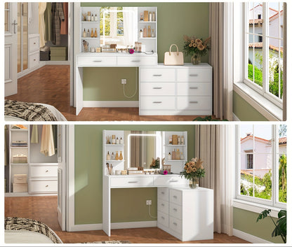 Luxus Eck-Schminktisch Weiß | LED-Spiegel mit Touch-Steuerung | Integrierte Steckdosen & USB | 8 Schubladen | Das ideale Weihnachtsgeschenk