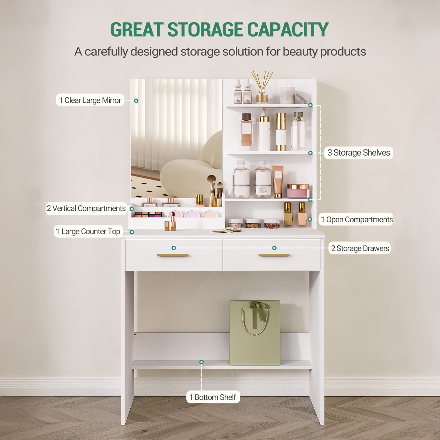 Moderner Schminktisch in Weiß | Kompakte Vanity Unit mit Spiegel | 4 offene Regale & 2 Schubladen | Elegantes Design für Schlaf- & Wohnzimmer