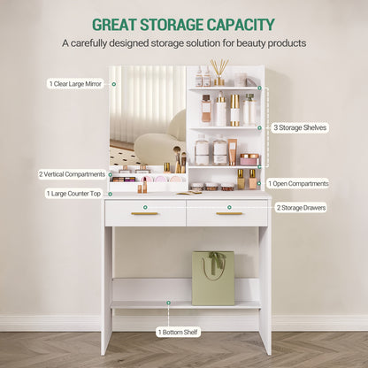 Moderner Schminktisch in Weiß | Kompakte Vanity Unit mit Spiegel | 4 offene Regale & 2 Schubladen | Elegantes Design für Schlaf- & Wohnzimmer