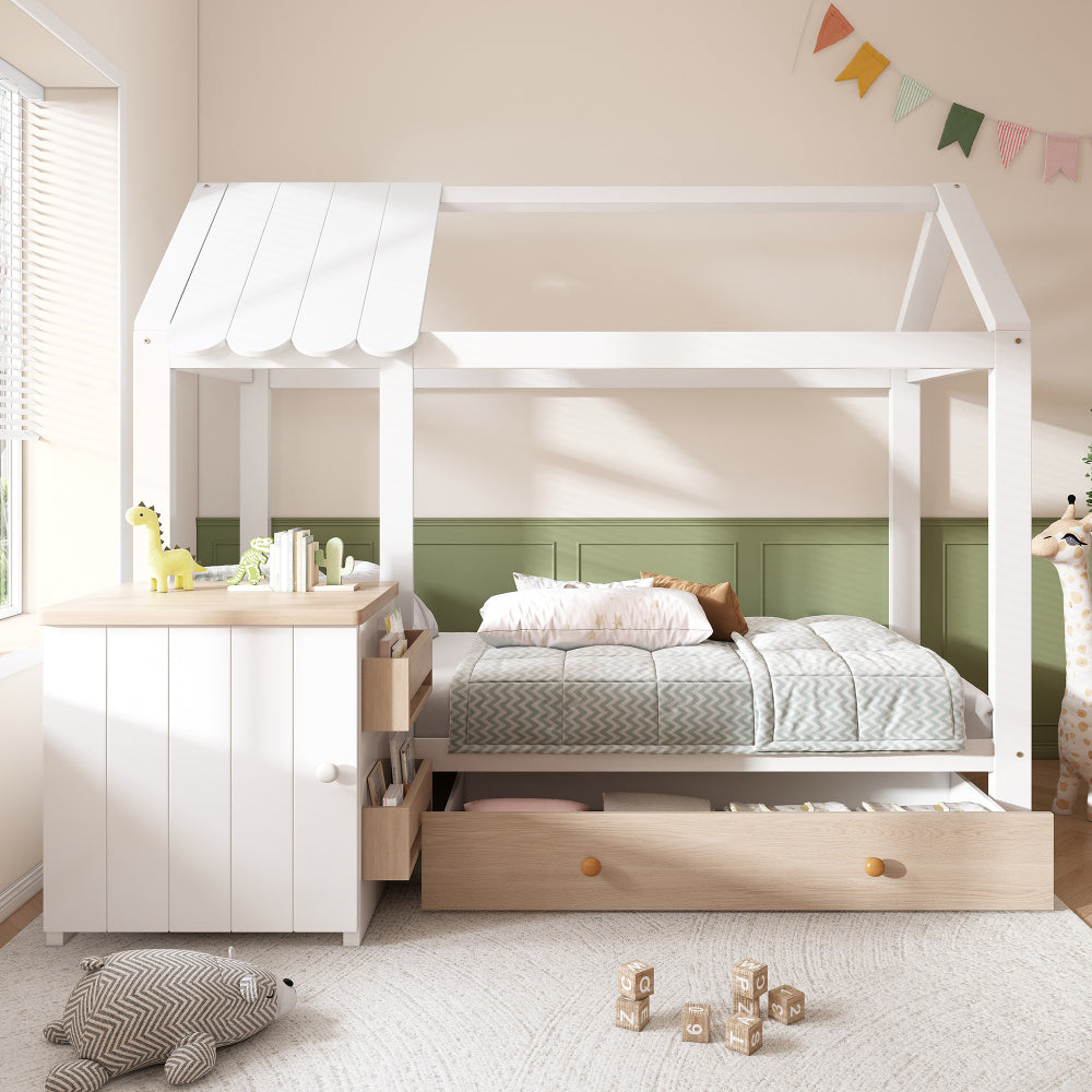 Kinderbett im Blockhaus-Design | 90x200 cm | Nachttisch Schublade | Modernes Hausbett