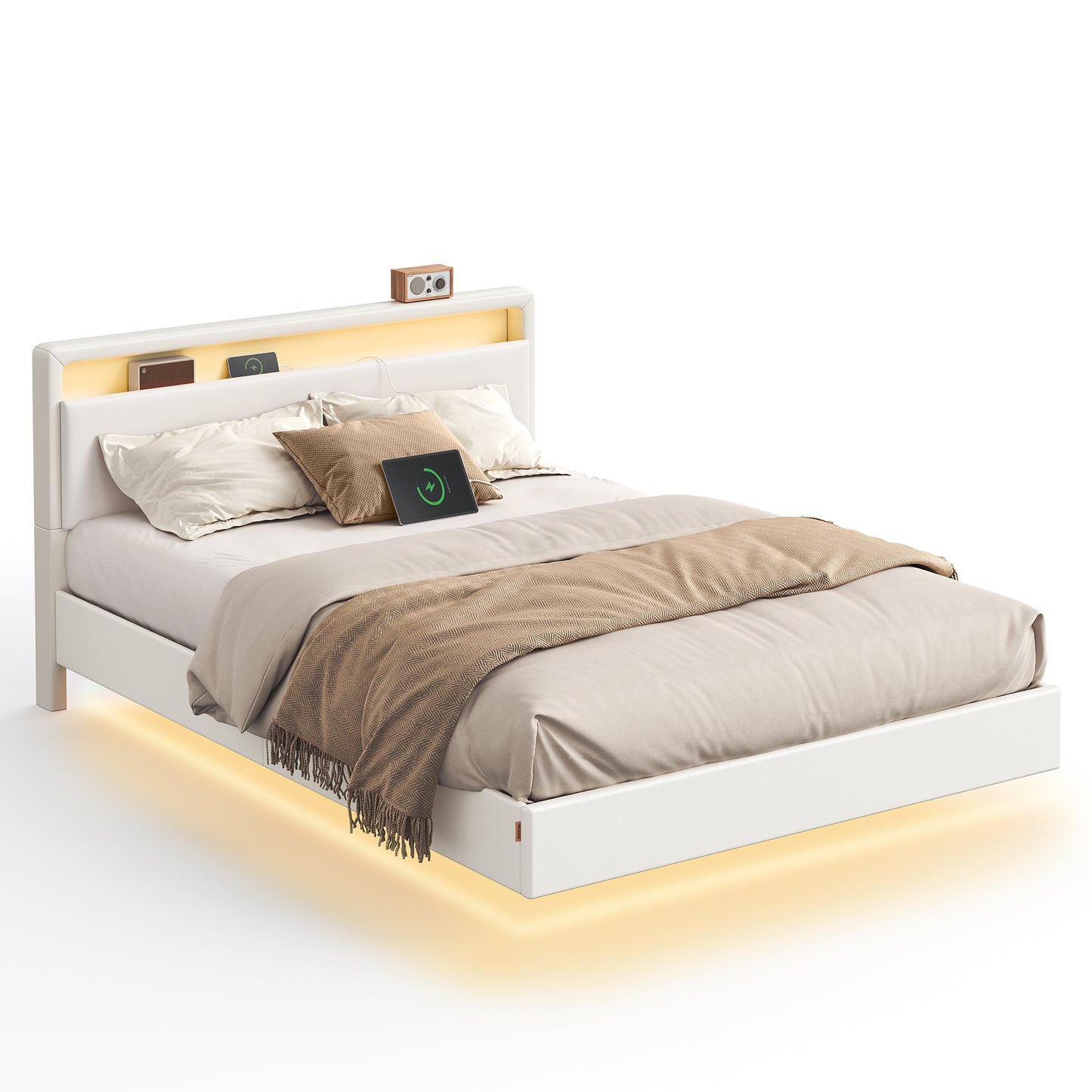 Design-Polsterbett 140x200 cm | Schwebendes Design mit LED-Ambiente | Hohes Kopfteil mit Ladestation