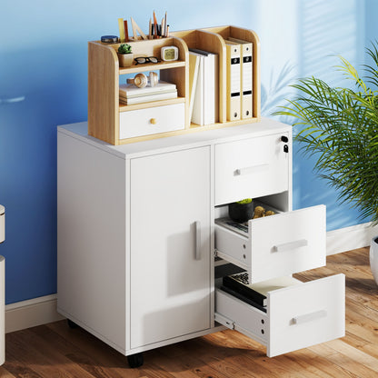 Mobiler Rollcontainer in Weiß | Abschließbarer Büroschrank (57 X 40cm) | 3 Schubladen & Druckablage | 4 leichtgängige Rollen | Minimalistischer Stil