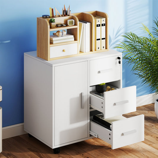 Mobiler Rollcontainer in Weiß | Abschließbarer Büroschrank (57 X 40cm) | 3 Schubladen & Druckablage | 4 leichtgängige Rollen | Minimalistischer Stil